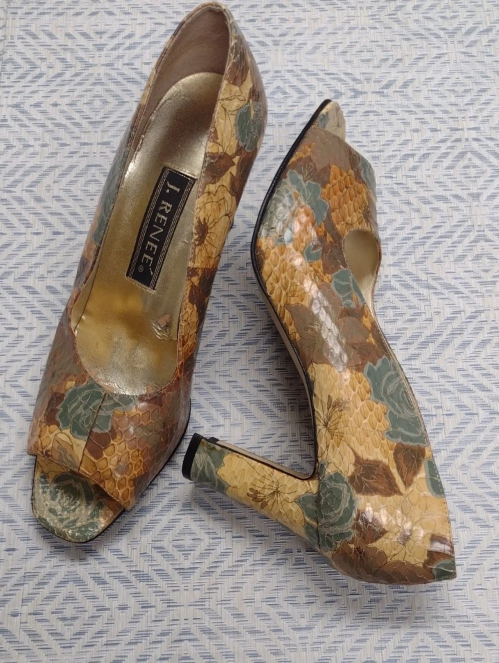 J.Renee Floral Snakeskin Peep-Toe Heels in Brown and Green